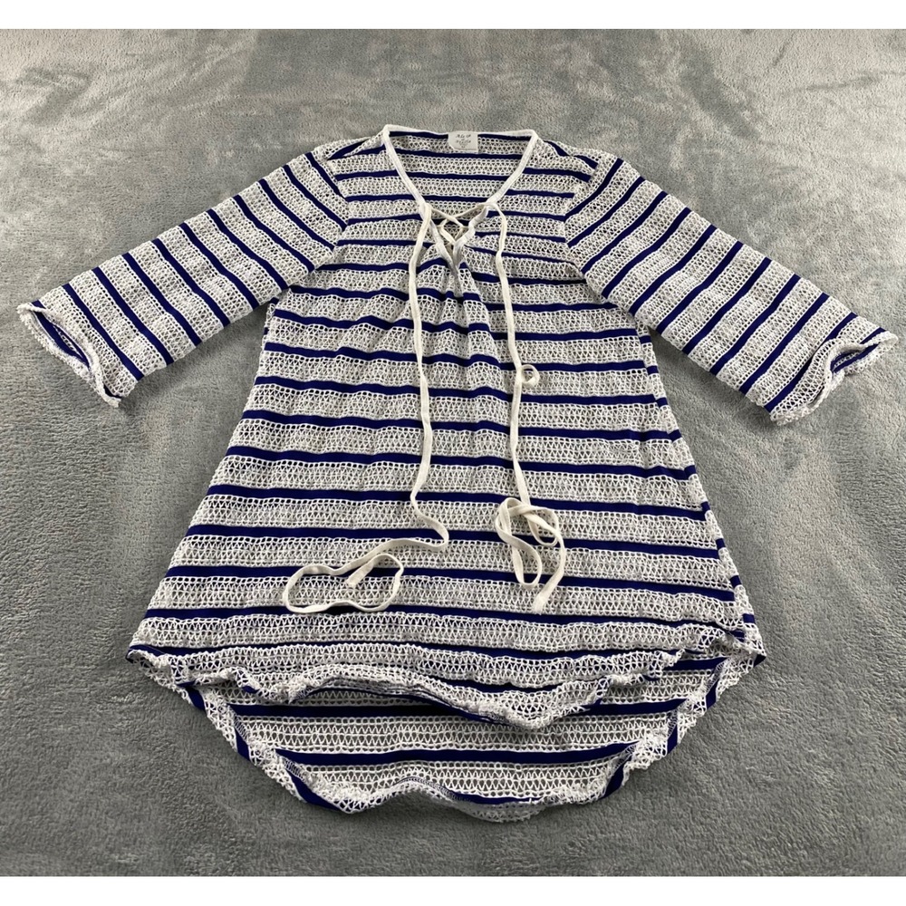 Alexa & Stella Womens Blue White Striped Lace Up Crochet Knit‎ Tunic Top Medium